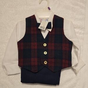 Walmart HF 3 Pc Formal Outfit NWT Vest Pants Shirt Plaid Red Black Boy's 2T